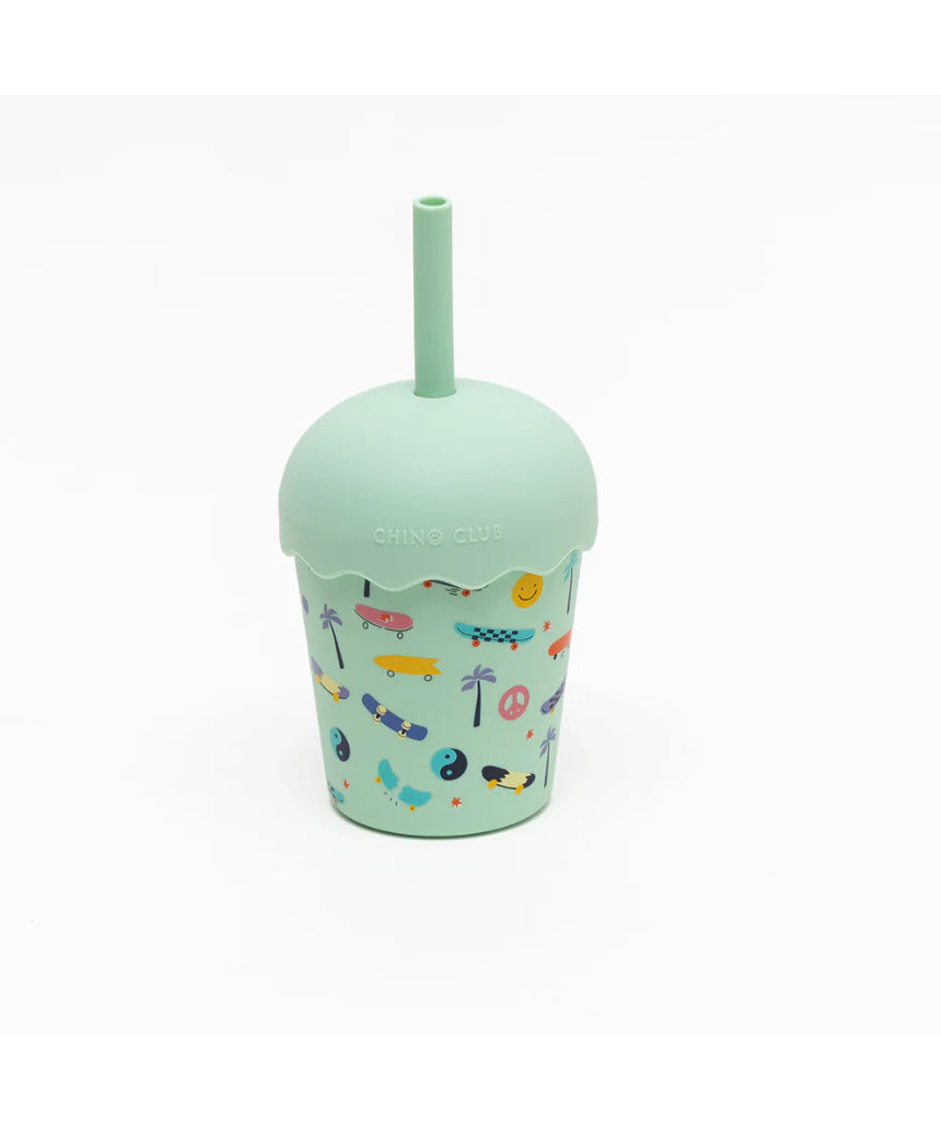Chino Club Kids Skate Aqua Mini Smoothie Cup with straw, 200ml, featuring a colorful skateboard design for children
