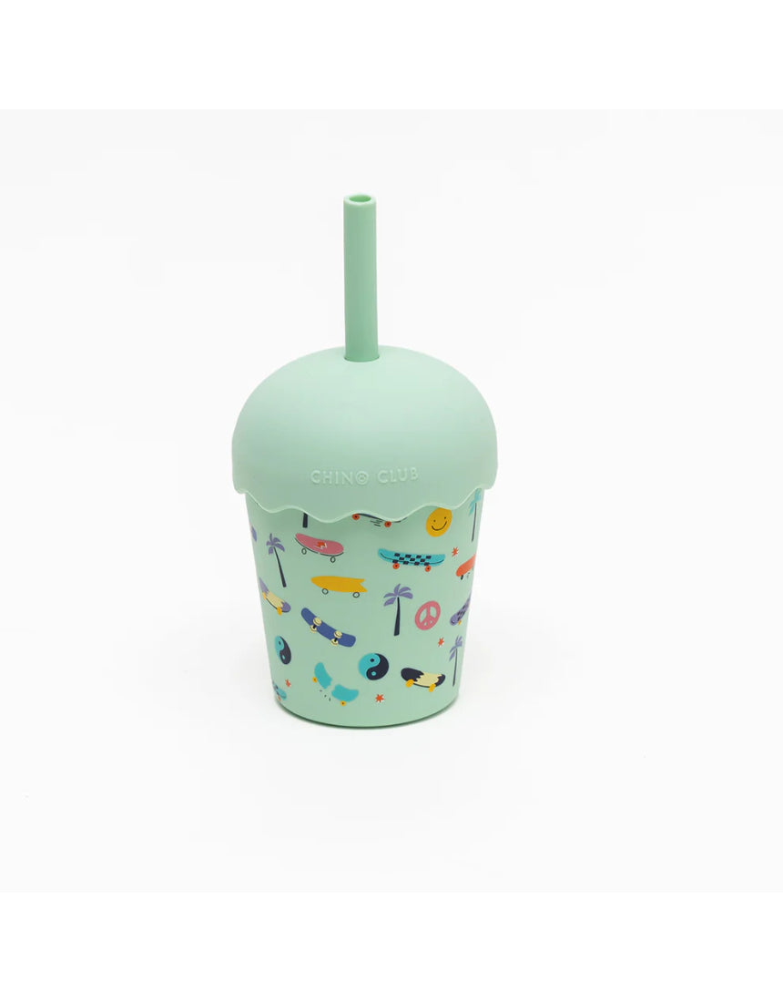 Chino Club Kids Skate Aqua Mini Smoothie Cup with straw, 200ml, featuring a colorful skateboard design for children