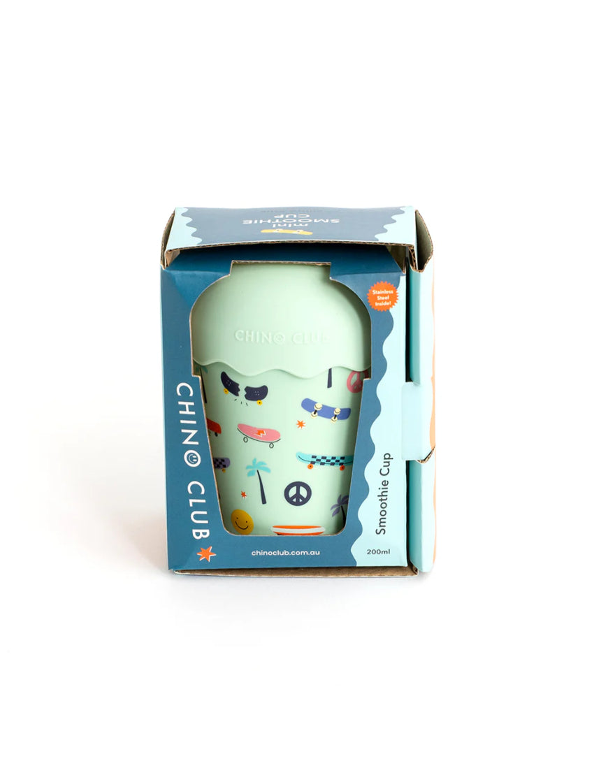 Chino Club Kids Chino Club Skate Aqua Mini Smoothie Cup with straw, green, 200ml, featuring skate design in box