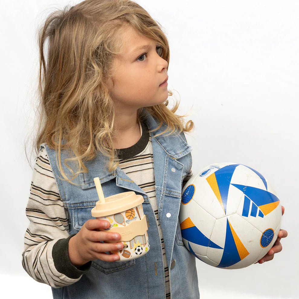 Kids cup by Chino Club, 4oz sports-themed baby chino cup with a playful sports dash design, ideal for young children.