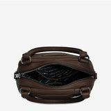 Open Status Anxiety Mini Mountains Bag in cocoa color showing its compact design and zipper closure.