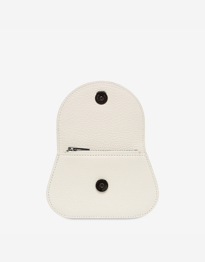 Status Anxiety Eyes Wide Chalk handbag featuring bold eye graphic design, stylish leather wallet with unique artistic detail.