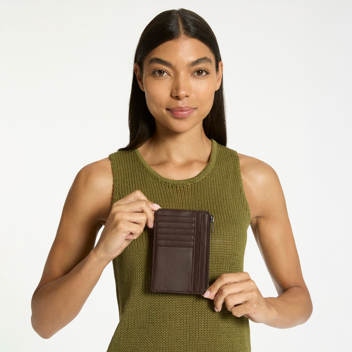 Status Anxiety Gone Again Wallet in Cocoa Nappa leather showing front view with multiple card slots and sleek design.