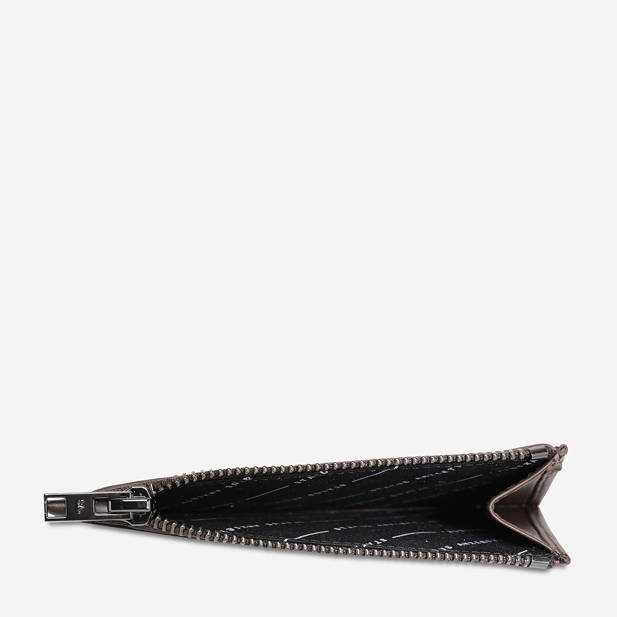 Status Anxiety Gone Again Wallet in Cocoa Nappa leather, open to show interior compartments and sleek design.