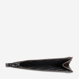 Status Anxiety Gone Again Wallet in Cocoa Nappa leather, open to show interior compartments and sleek design.