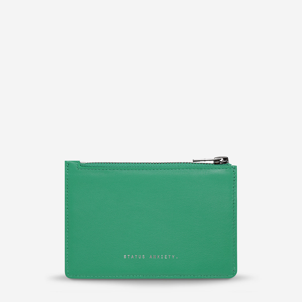 Status Anxiety Gone Again Wallet in Emerald Nappa leather, front view showing sleek design and vibrant green color.