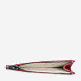 Status Anxiety Gone Again Wallet in Rouge Nappa leather, open view showing multiple card slots and smooth texture.