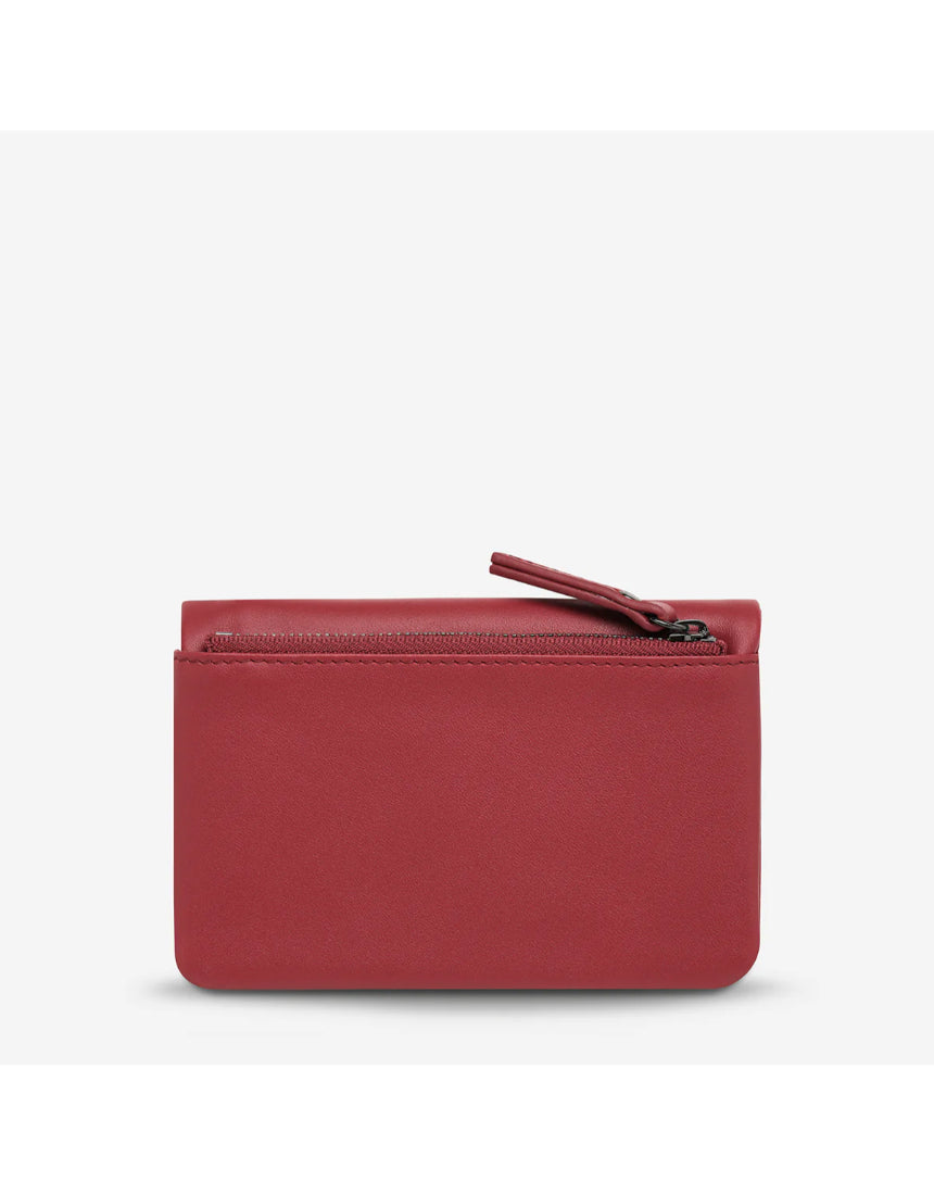 Status Anxiety Is Now Better Wallet in rouge with smooth back, stylish leather wallet for everyday use.