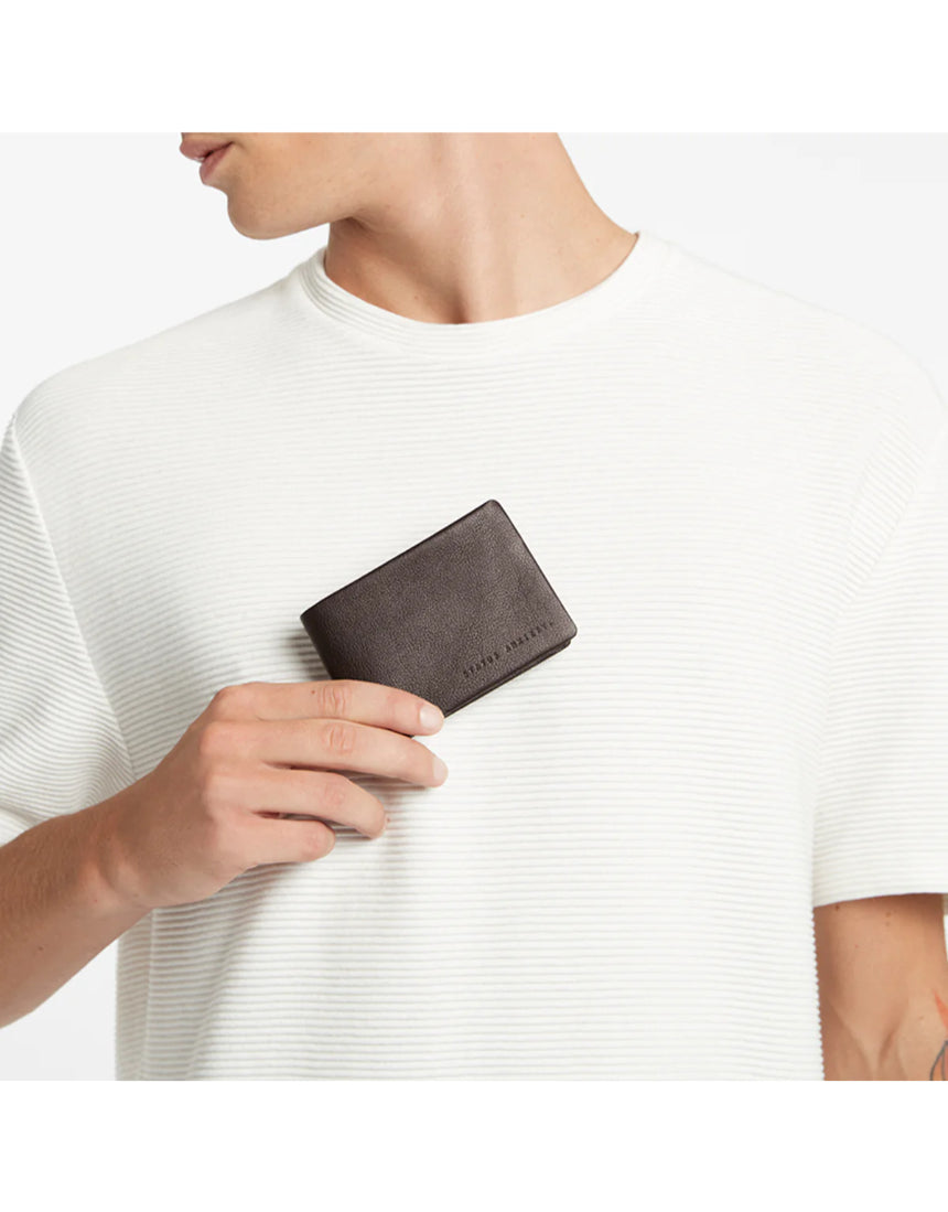 Status Anxiety Jonah Wallet in chocolate color, showcasing slim leather design with multiple card slots and compact size.