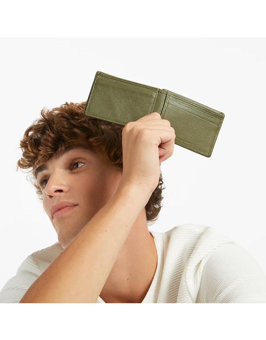 Status Anxiety Jonah Wallet in khaki, stylish leather wallet with multiple card slots and a sleek design.