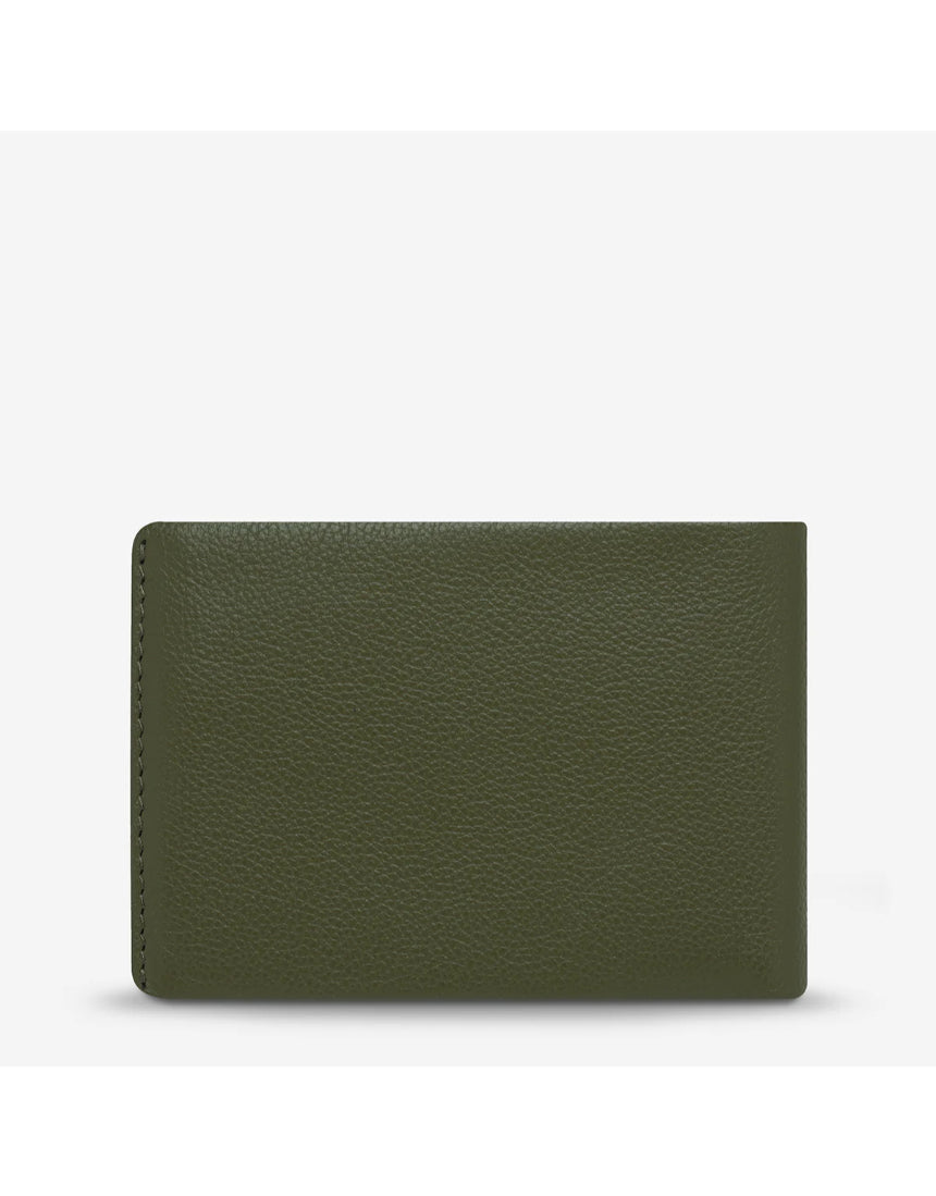 Khaki Status Anxiety Jonah Wallet showing back view with card slots and stitching detail, compact and stylish leather wallet.