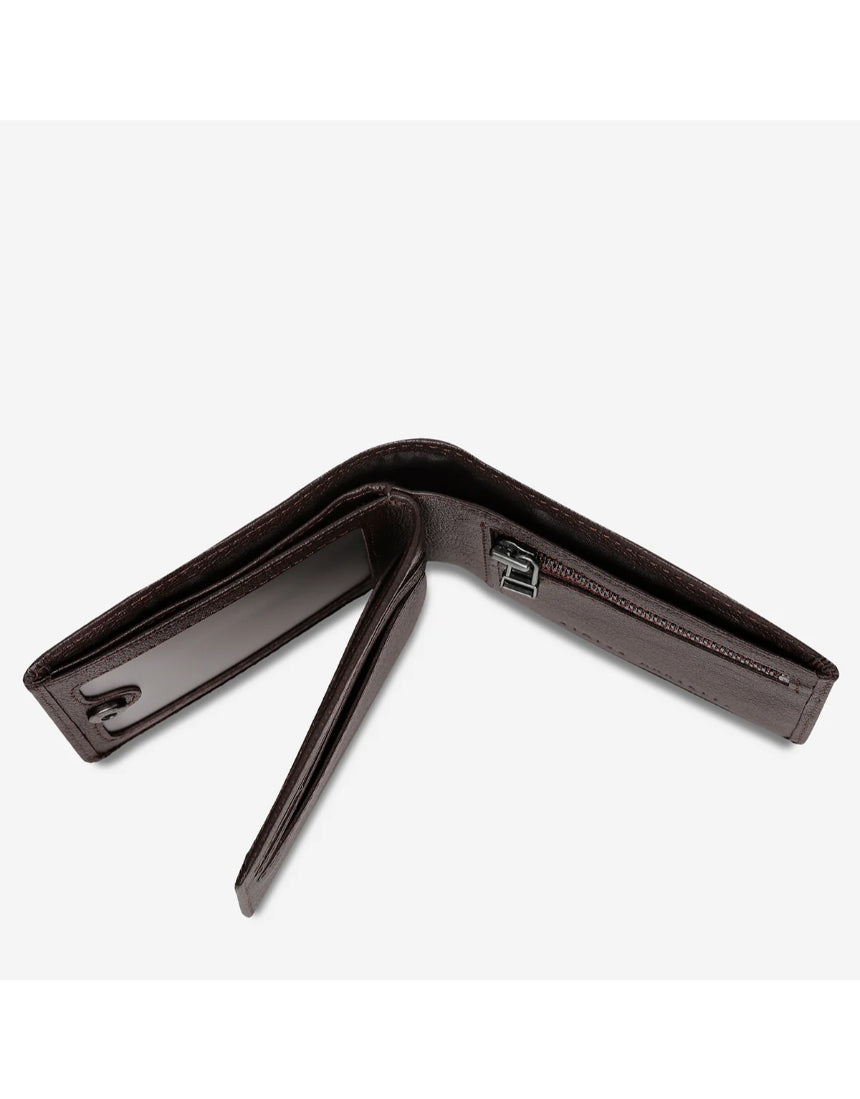 Status Anxiety Leonard Wallet in chocolate leather, open view showing multiple card slots and cash compartment.