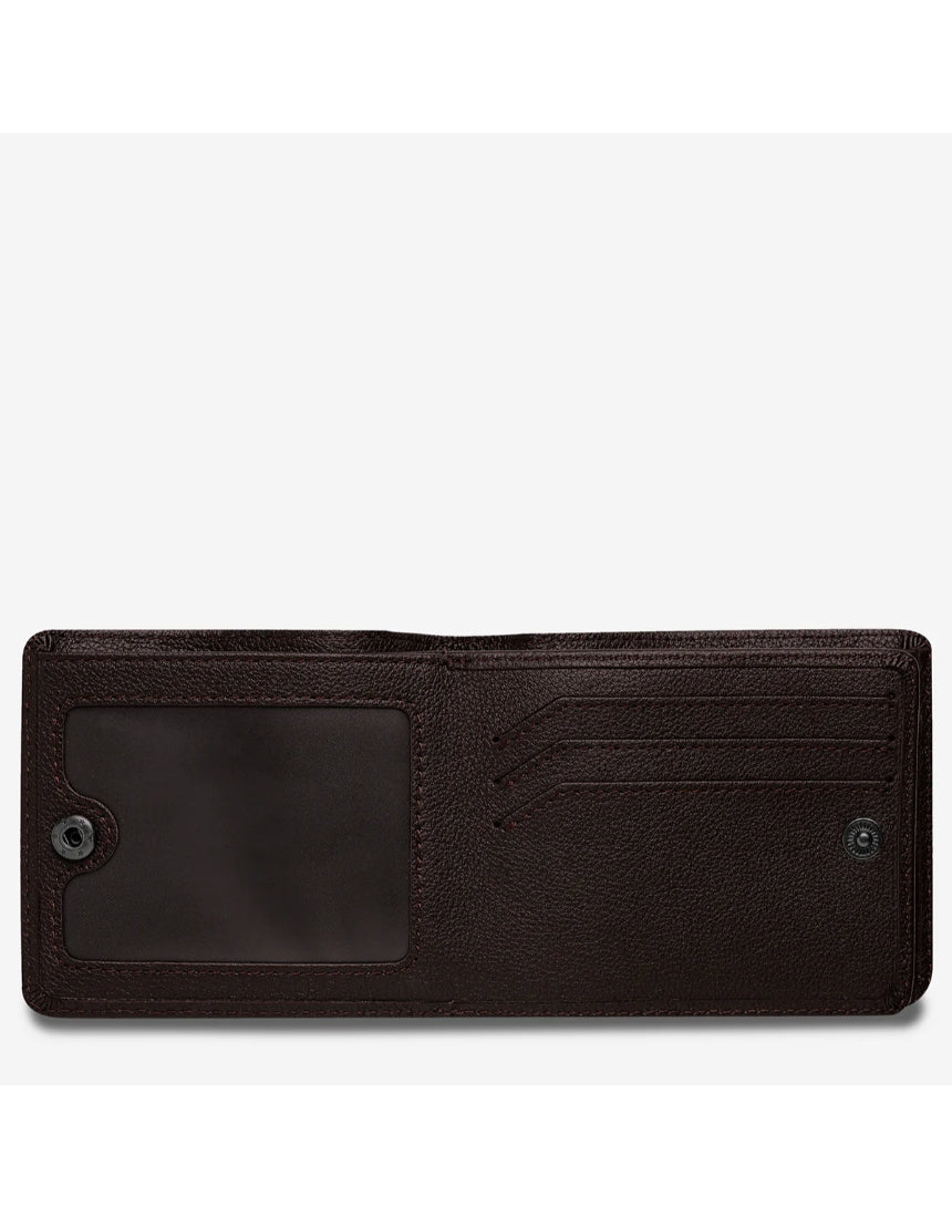 Status Anxiety Leonard Wallet in chocolate with inside flap and card slots, stylish leather wallet for men.