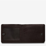 Status Anxiety Leonard Wallet in chocolate with inside flap and card slots, stylish leather wallet for men.