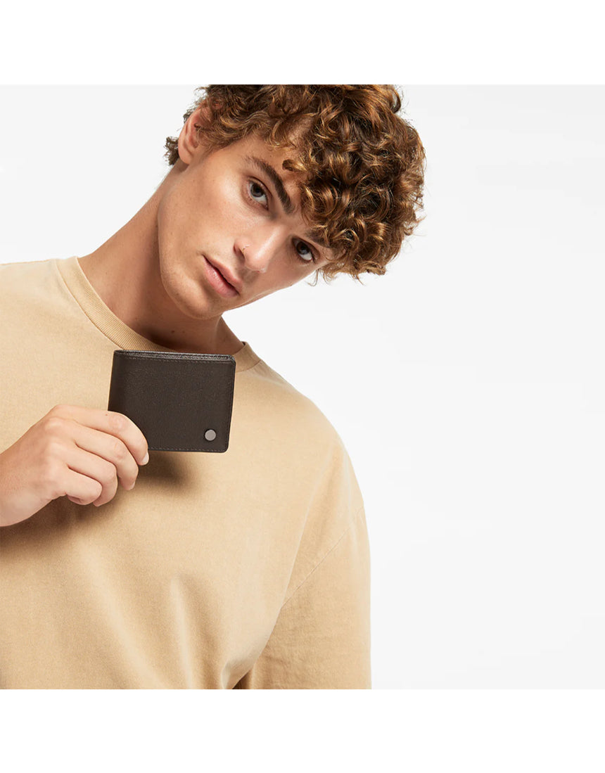 Status Anxiety Leonard wallet in chocolate leather showing multiple card slots and sleek design.