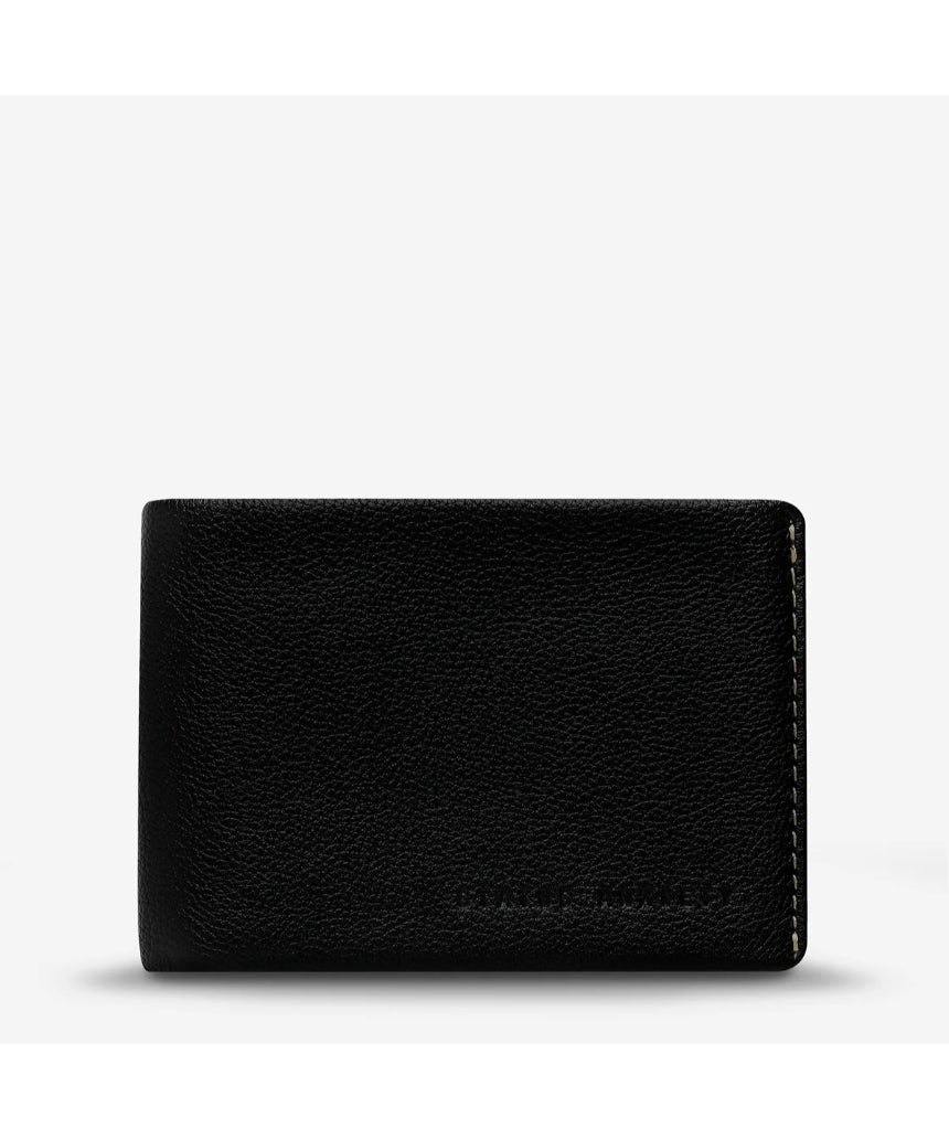 Black Status Anxiety Otis Wallet with multiple card slots and compact design, shown from the front view.
