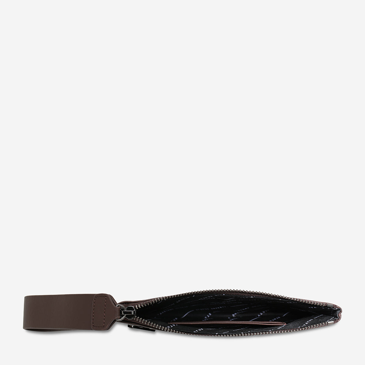 Open Status Anxiety Take Your Chances Wallet in Cocoa Nappa leather, showing card slots and smooth interior.