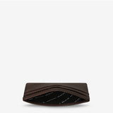 Status Anxiety Together For Now Cocoa wallet, top-angle view showing compact brown leather design and silver hardware details.