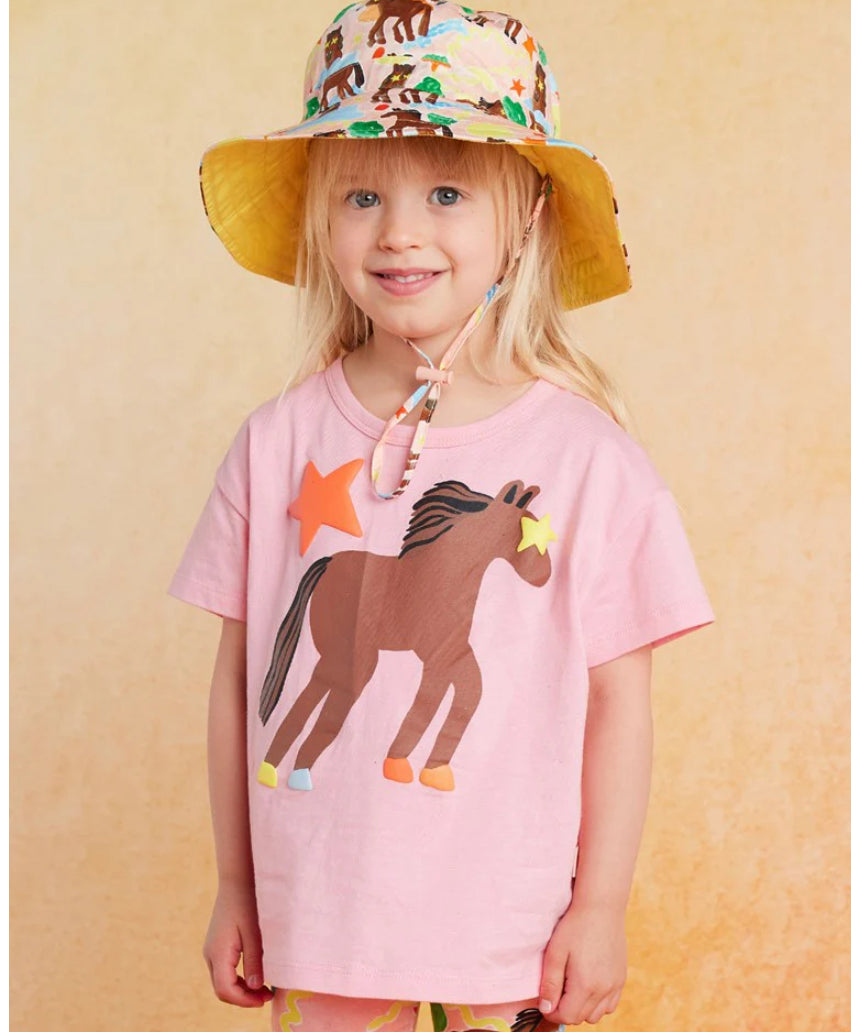Say It Sister Giddy Up Kids Sun Hat featuring a playful cowboy design, wide brim, and lightweight breathable fabric for sun protection.
