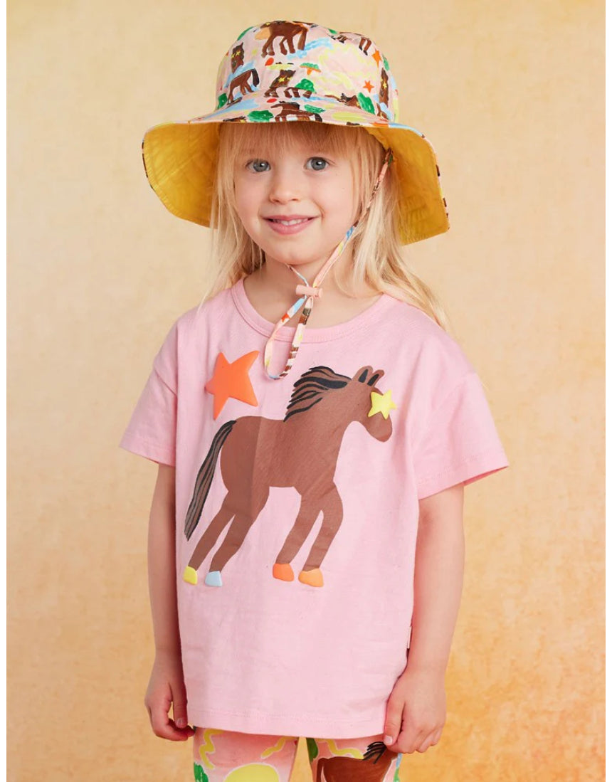 Say It Sister Giddy Up Kids Sun Hat featuring a playful cowboy design, wide brim, and lightweight breathable fabric for sun protection.