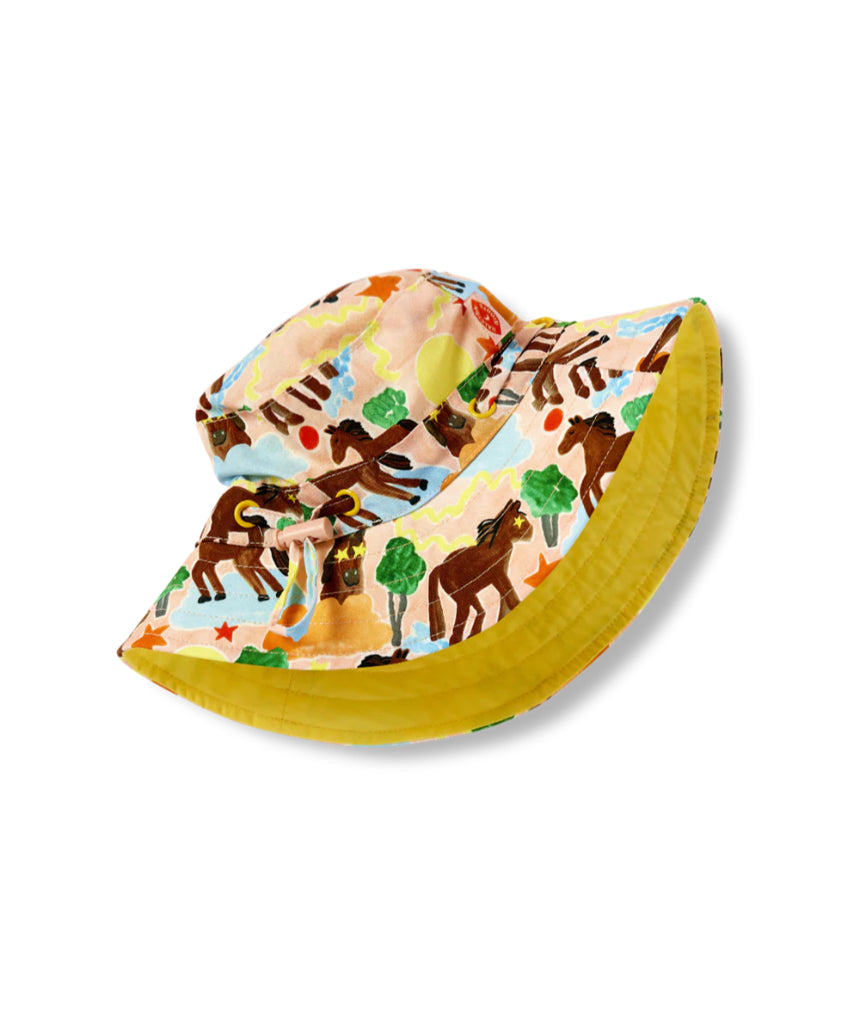 Say It Sister Giddy Up kids sun hat with wide brim and playful cow print design for sun protection and fun outdoor wear.