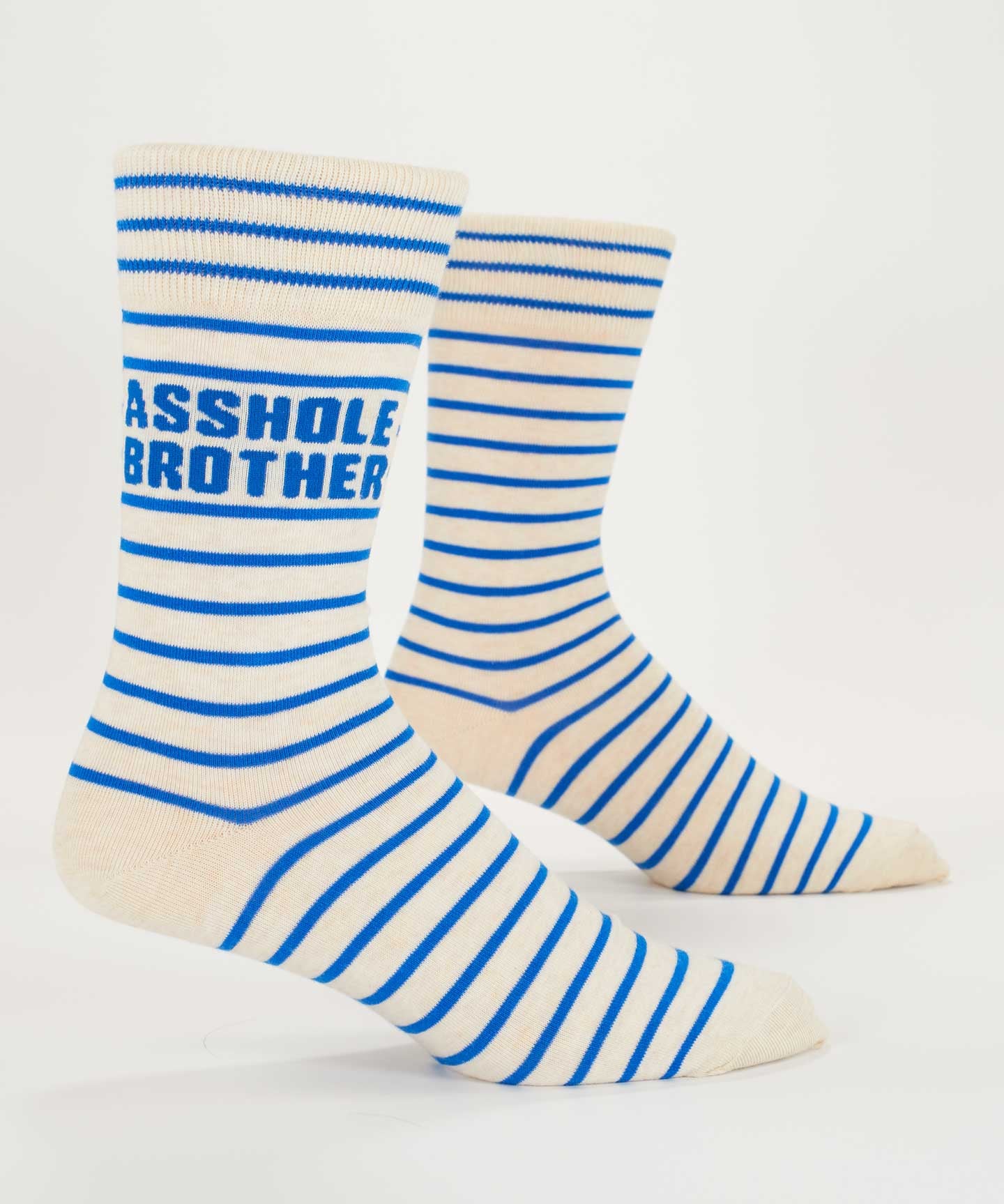 Blue Q men's socks featuring humorous "Asshole Brother" design, made of comfortable fabric, with a colorful and playful pattern.