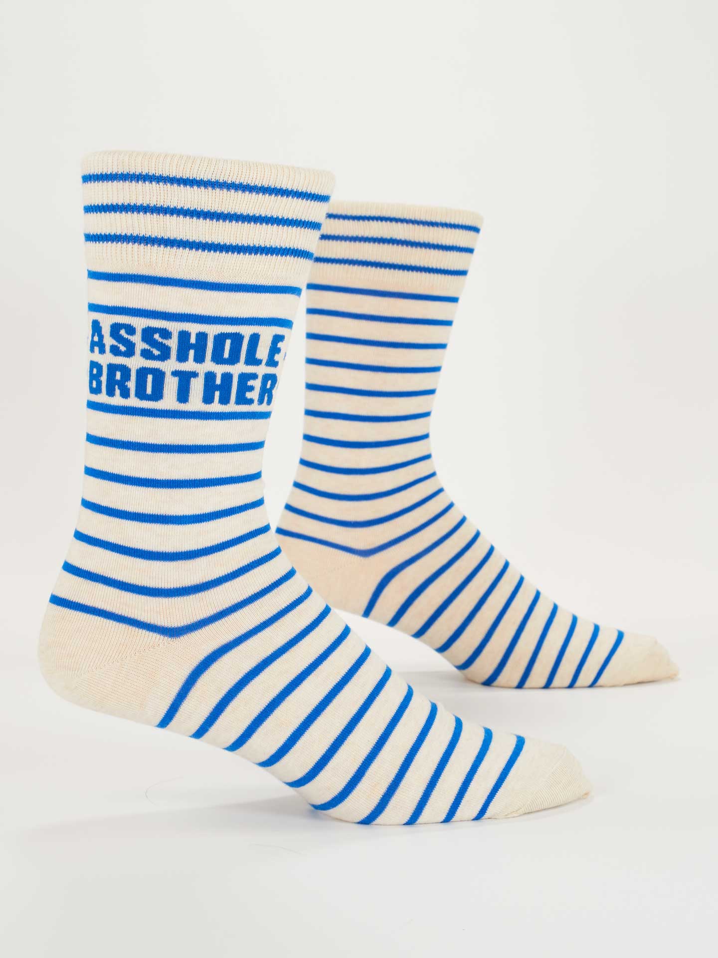 Blue Q men's socks featuring humorous "Asshole Brother" design, made of comfortable fabric, with a colorful and playful pattern.