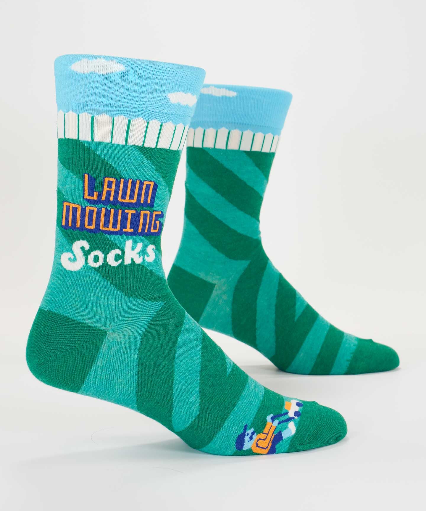 Blue Q men's socks featuring a lawn mowing design, casual ankle-length socks with colorful, playful pattern.