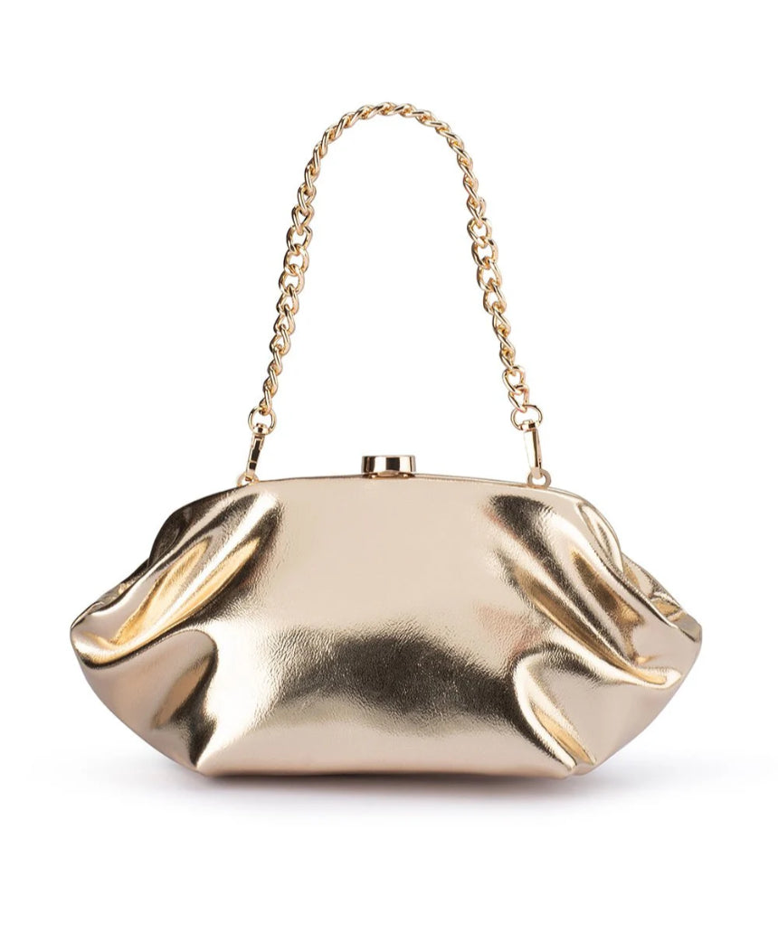 Olga Berg Tally metallic gold clutch bag with a sleek, shiny finish and compact design for elegant occasions.