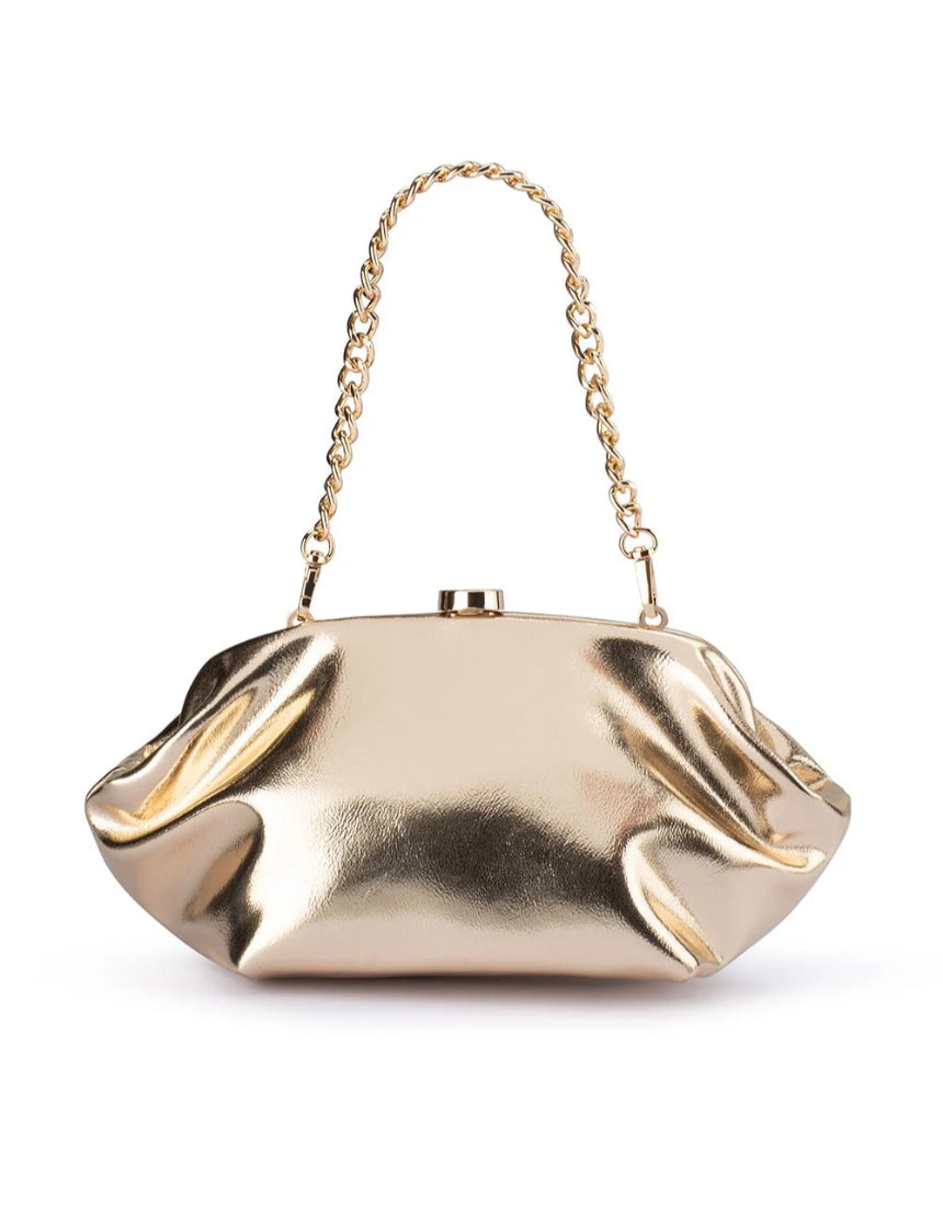Olga Berg Tally metallic gold clutch bag with a sleek, shiny finish and compact design for elegant occasions.