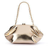 Olga Berg Tally metallic gold clutch bag with a sleek, shiny finish and compact design for elegant occasions.