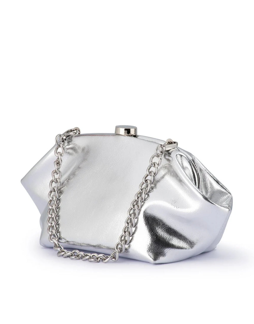 Olga Berg Tally metallic silver clutch bag with a sleek, shiny finish and compact design for evening occasions.