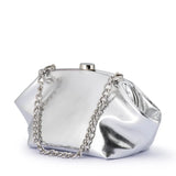 Olga Berg Tally metallic silver clutch bag with a sleek, shiny finish and compact design for evening occasions.