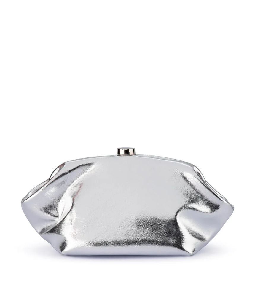 Olga Berg Tally metallic silver clutch bag with sleek, shiny finish and compact design for evening or formal occasions.