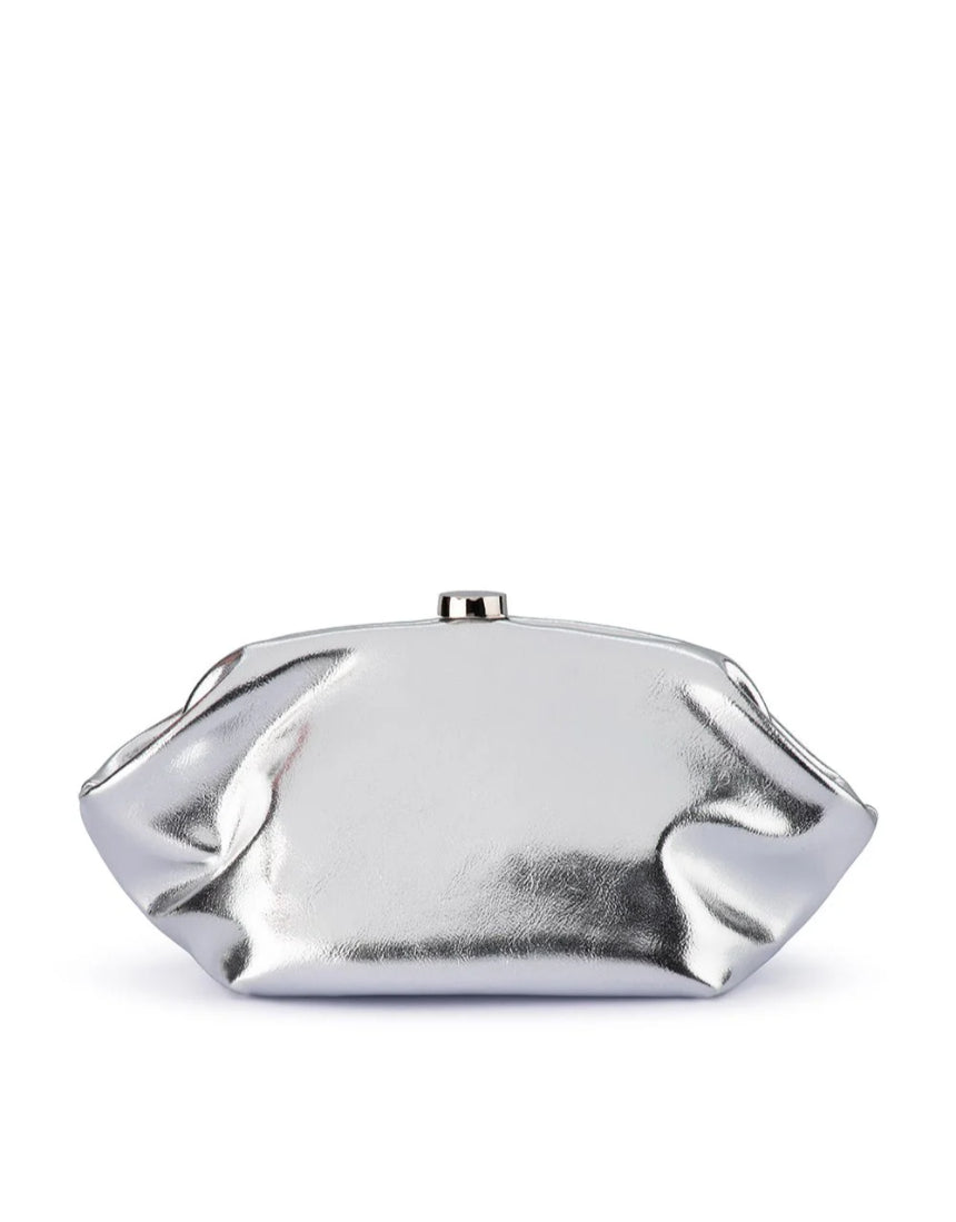 Olga Berg Tally metallic silver clutch bag with sleek, shiny finish and compact design for evening or formal occasions.