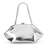 Olga Berg Tally metallic silver clutch bag with a sleek, shiny finish and compact design for evening occasions.
