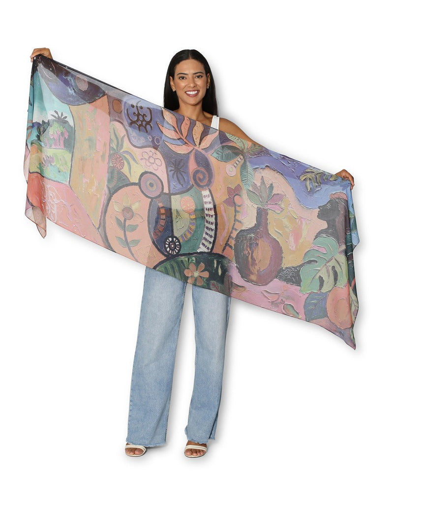Colorful The Artists Label A Day in Tahiti scarf with tropical pattern, showcasing vibrant design and lightweight fabric.