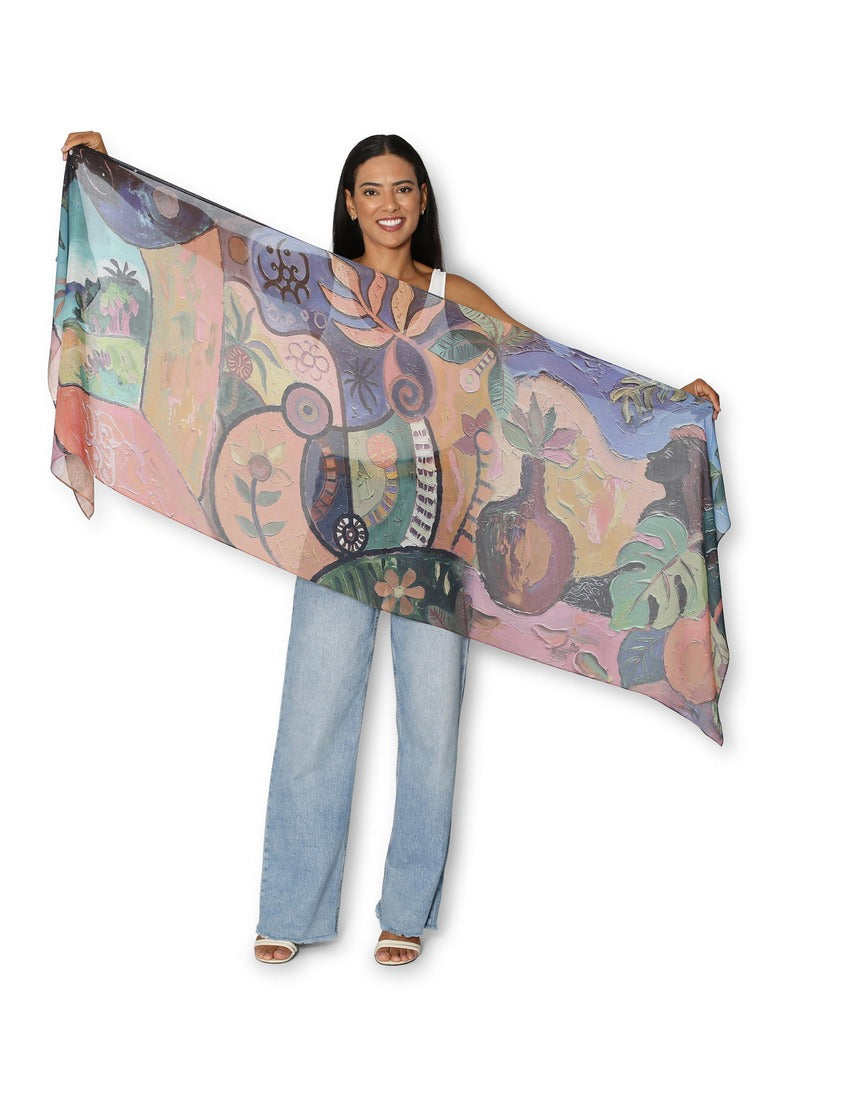 Colorful The Artists Label A Day in Tahiti scarf with tropical pattern, showcasing vibrant design and lightweight fabric.