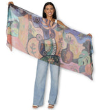 Colorful The Artists Label A Day in Tahiti scarf with tropical pattern, showcasing vibrant design and lightweight fabric.