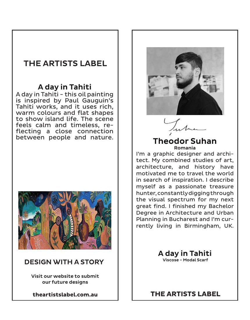 The Artists Label A Day in Tahiti scarf featuring vibrant tropical print and lightweight silk fabric, displayed hanging with tag visible.