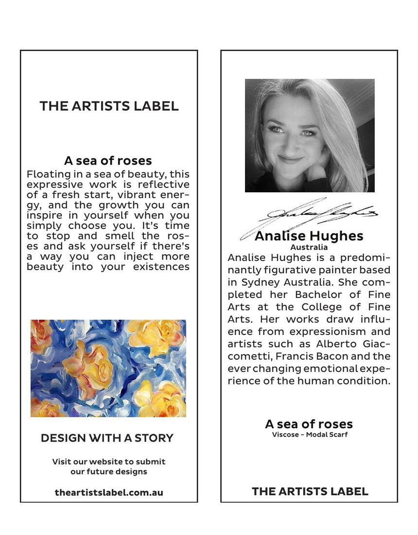 The Artists Label Sea of Roses scarf featuring floral rose print in soft colors, displayed hanging with brand hangtag.