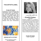The Artists Label Sea of Roses scarf featuring floral rose print in soft colors, displayed hanging with brand hangtag.