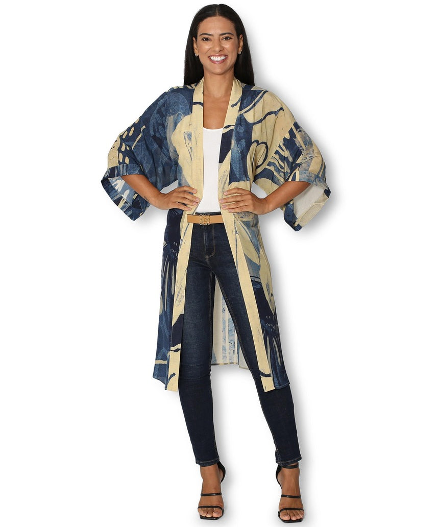 Front view of The Artists Label long silk kimono titled "An Evening in Portugal," featuring elegant fabric and intricate design details.
