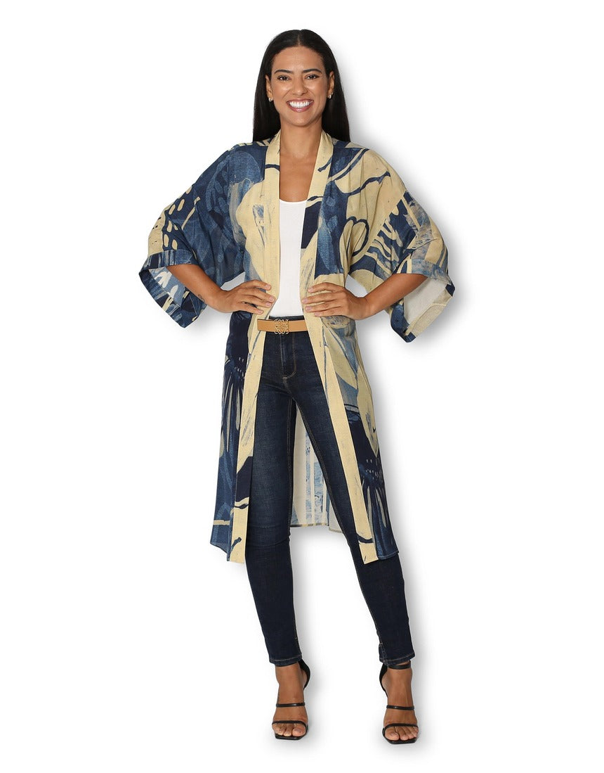 Front view of The Artists Label long silk kimono titled "An Evening in Portugal," featuring elegant fabric and intricate design details.