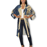 Front view of The Artists Label long silk kimono titled "An Evening in Portugal," featuring elegant fabric and intricate design details.