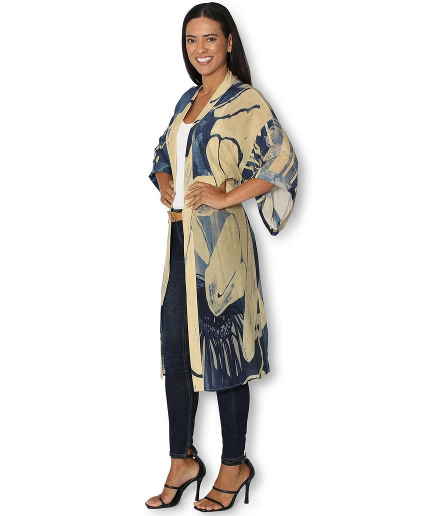 Side view of The Artists Label long silk kimono titled "An Evening in Portugal," showcasing its flowing fabric and elegant design.