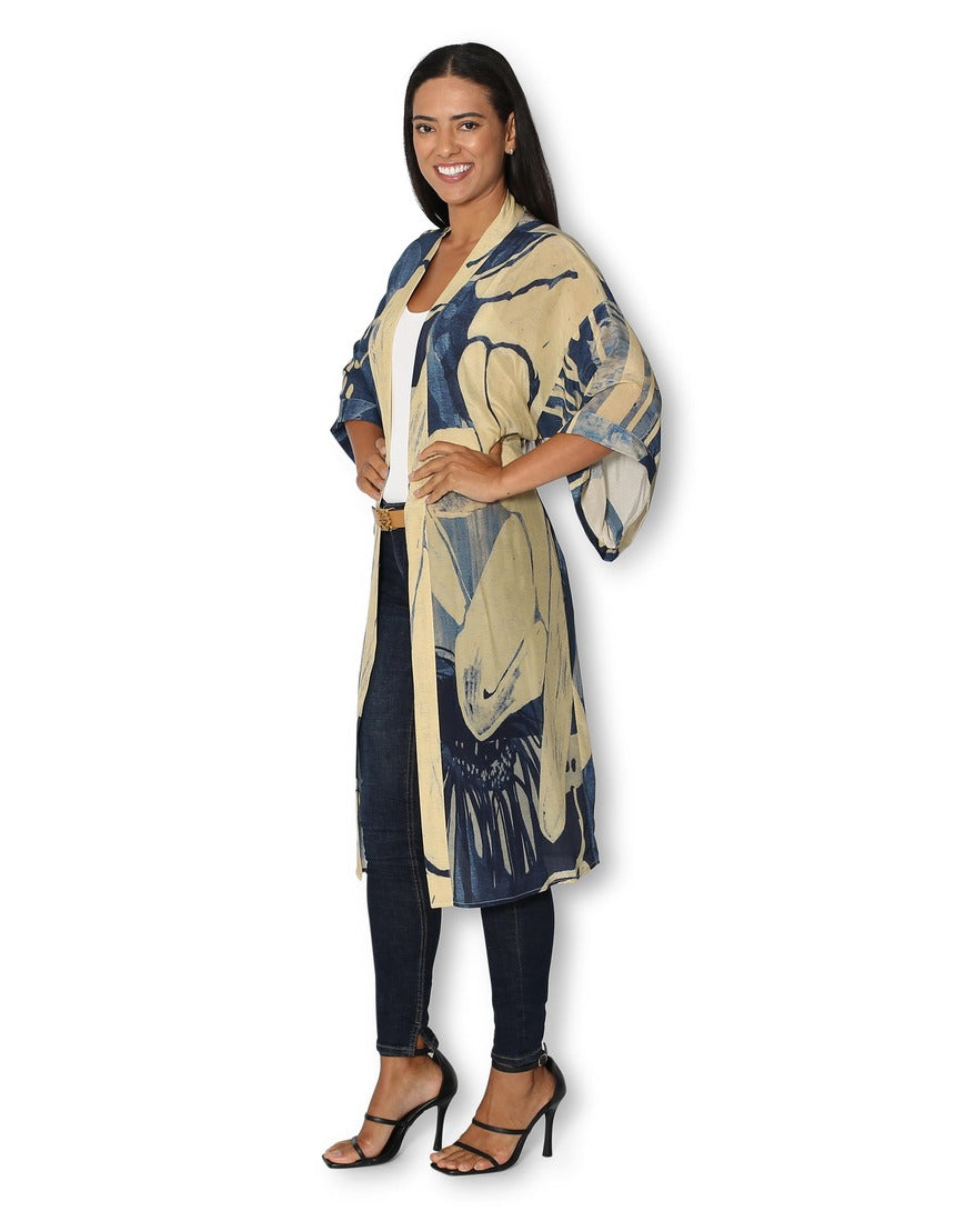 Side view of The Artists Label long silk kimono titled "An Evening in Portugal," showcasing its flowing fabric and elegant design.