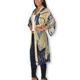 Side view of The Artists Label long silk kimono titled "An Evening in Portugal," showcasing its flowing fabric and elegant design.