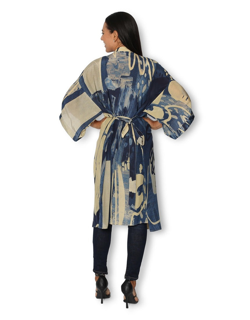 Back view of The Artists Label long silk kimono titled "An Evening in Portugal," showcasing elegant fabric and flowing design.