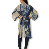 Back view of The Artists Label long silk kimono titled "An Evening in Portugal," showcasing elegant fabric and flowing design.